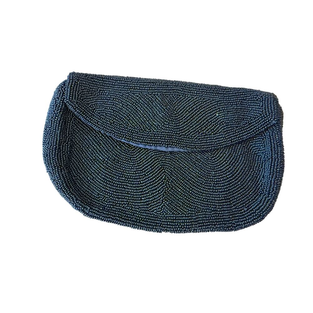Vintage Black Beaded Clutch Purse Bag Handmade in Belgium Retro